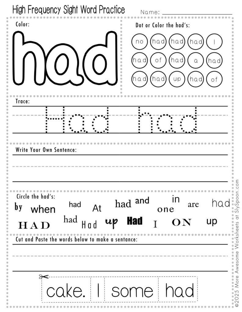 Free Printable Sight word worksheets high frequency Sight Word Practice Dolch and Fry - Sight Word "had" printable page with multiple activities, including dot marker, sight word tracing, cut and paste