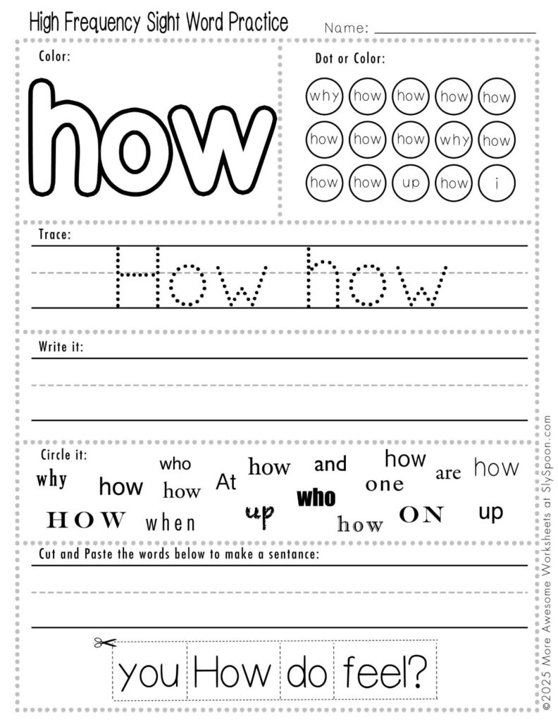 Free Printable Sight word worksheets high frequency Sight Word Practice Dolch and Fry - Sight Word "how" printable page with multiple activities, including dot marker, sight word tracing, cut and paste
