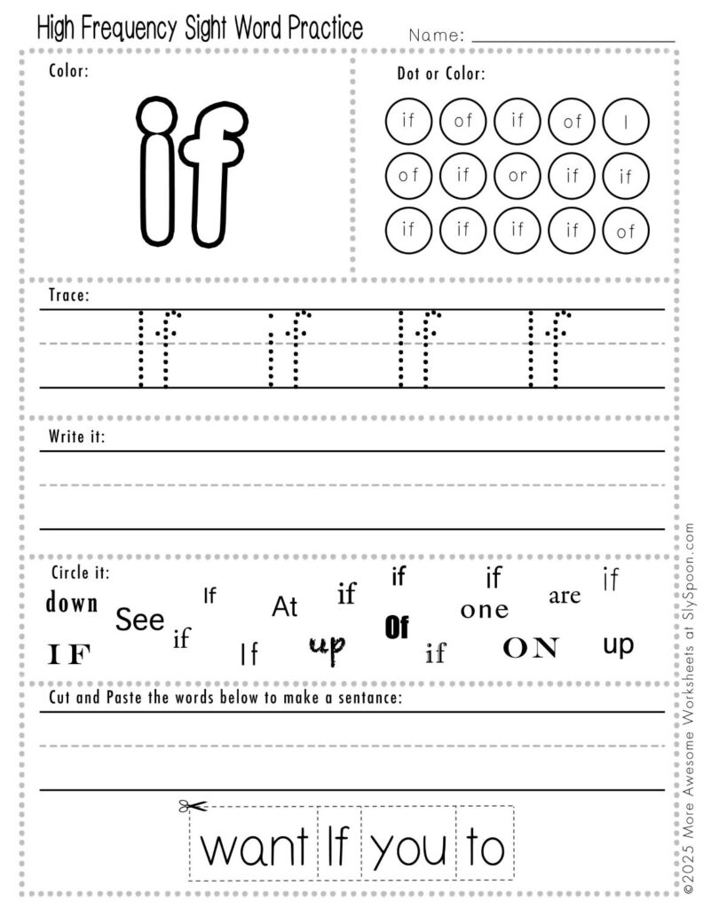 Free Printable Sight word worksheets high frequency Sight Word Practice Dolch and Fry - Sight Word "if" printable page with multiple activities, including dot marker, sight word tracing, cut and paste