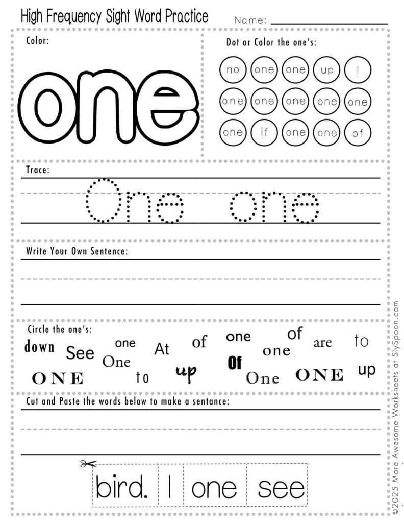 Free Printable Sight word worksheets high frequency Sight Word Practice Dolch and Fry - Sight Word "one" printable page with multiple activities, including dot marker, sight word tracing, cut and paste