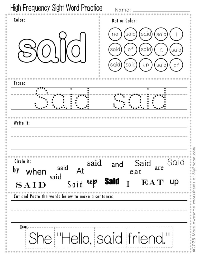Free Printable Sight word worksheets high frequency Sight Word Practice Dolch and Fry - Sight Word "said" printable page with multiple activities, including dot marker, sight word tracing, cut and paste