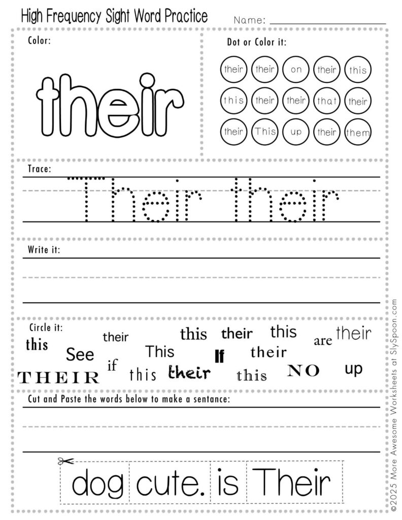 Free Printable Sight word worksheets high frequency Sight Word Practice Dolch and Fry - Sight Word "their" printable page with multiple activities, including dot marker, sight word tracing, cut and paste