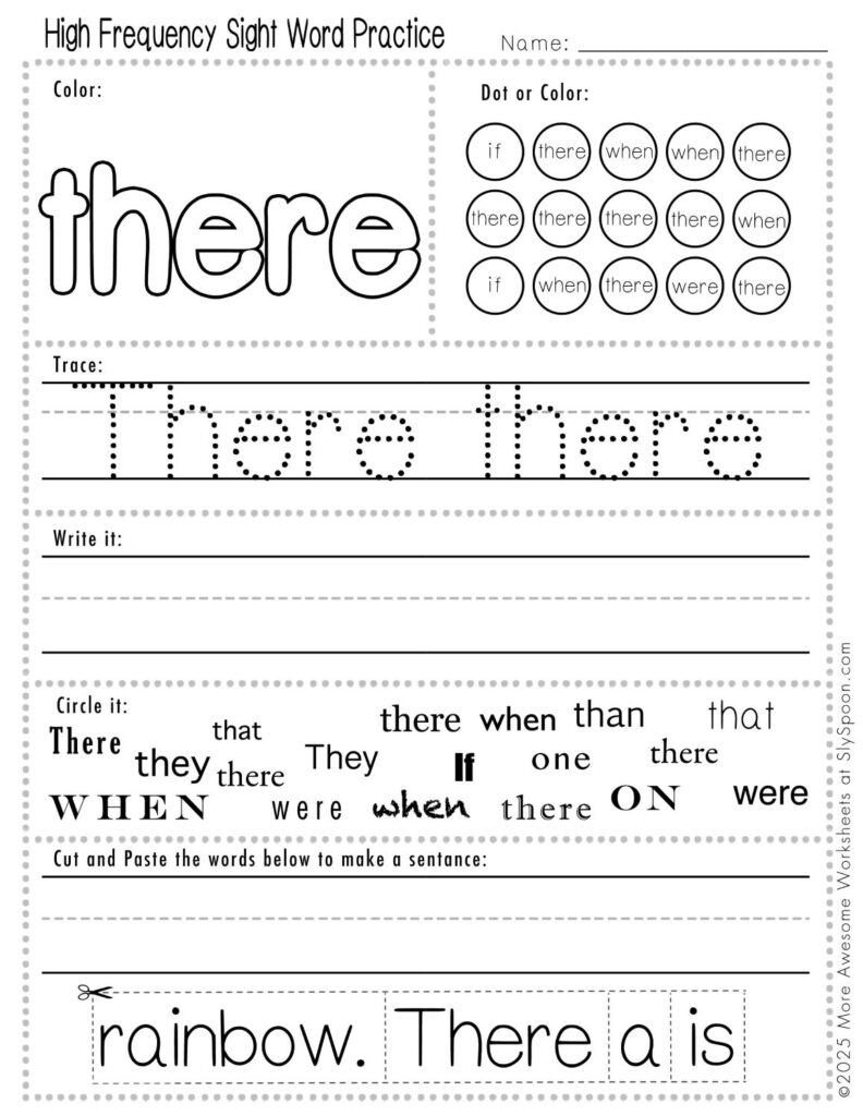 Free Printable Sight word worksheets high frequency Sight Word Practice Dolch and Fry - Sight Word "there" printable page with multiple activities, including dot marker, sight word tracing, cut and paste