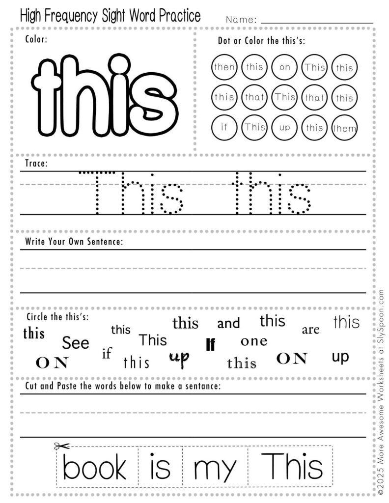 Free Printable Sight word worksheets high frequency Sight Word Practice Dolch and Fry - Sight Word "this" printable page with multiple activities, including dot marker, sight word tracing, cut and paste