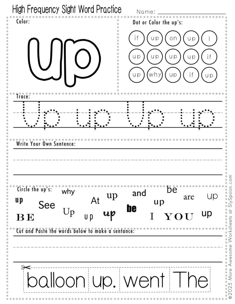Free Printable Sight word worksheets high frequency Sight Word Practice Dolch and Fry - Sight Word "up" printable page with multiple activities, including dot marker, sight word tracing, cut and paste
