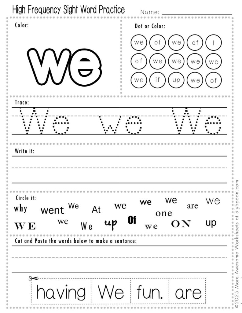 Free Printable Sight word worksheets high frequency Sight Word Practice Dolch and Fry - Sight Word "we" printable page with multiple activities, including dot marker, sight word tracing, cut and paste