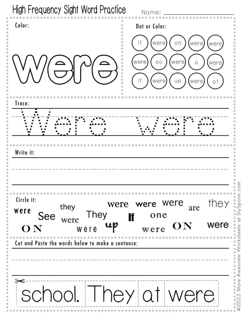 Free Printable Sight word worksheets high frequency Sight Word Practice Dolch and Fry - Sight Word "were" printable page with multiple activities, including dot marker, sight word tracing, cut and paste