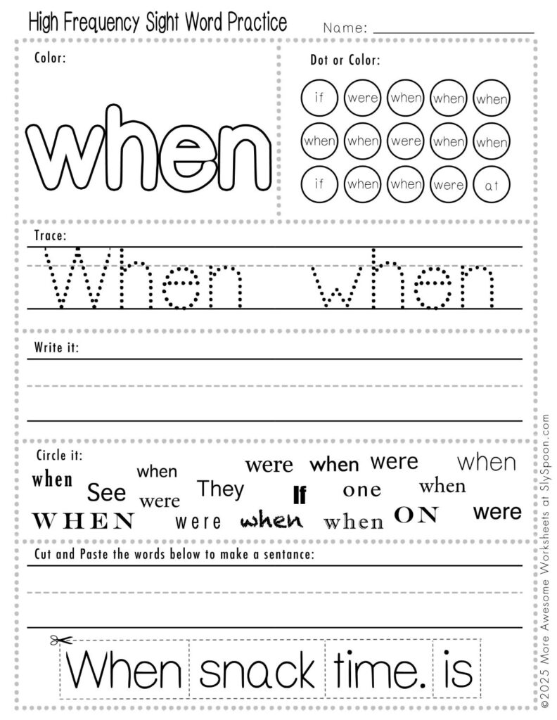 Free Printable Sight word worksheets high frequency Sight Word Practice Dolch and Fry - Sight Word "when" printable page with multiple activities, including dot marker, sight word tracing, cut and paste