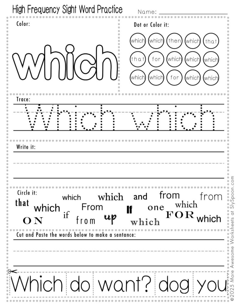 Free Printable Sight word worksheets high frequency Sight Word Practice Dolch and Fry - Sight Word "which" printable page with multiple activities, including dot marker, sight word tracing, cut and paste