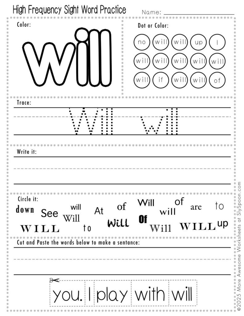 Free Printable Sight word worksheets high frequency Sight Word Practice Dolch and Fry - Sight Word "will" printable page with multiple activities, including dot marker, sight word tracing, cut and paste