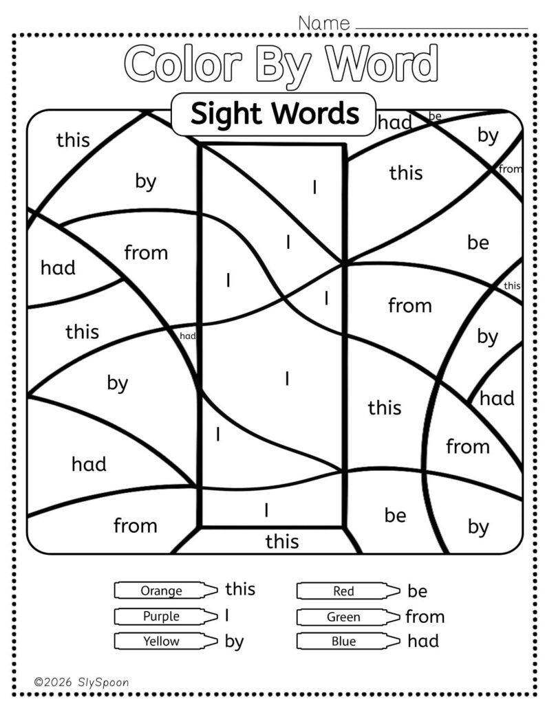 Free Printable Sight word worksheets high frequency Sight Word Practice Dolch and Fry - Sight Word "I" printable page color by number style, but color by word.