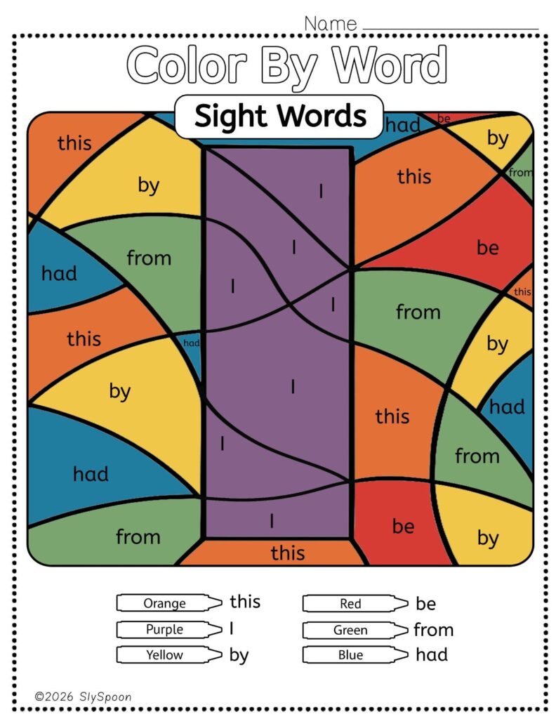 Free Printable Sight word worksheets high frequency Sight Word Practice Dolch and Fry - Sight Word "I" printable page color by number style, but color by word.