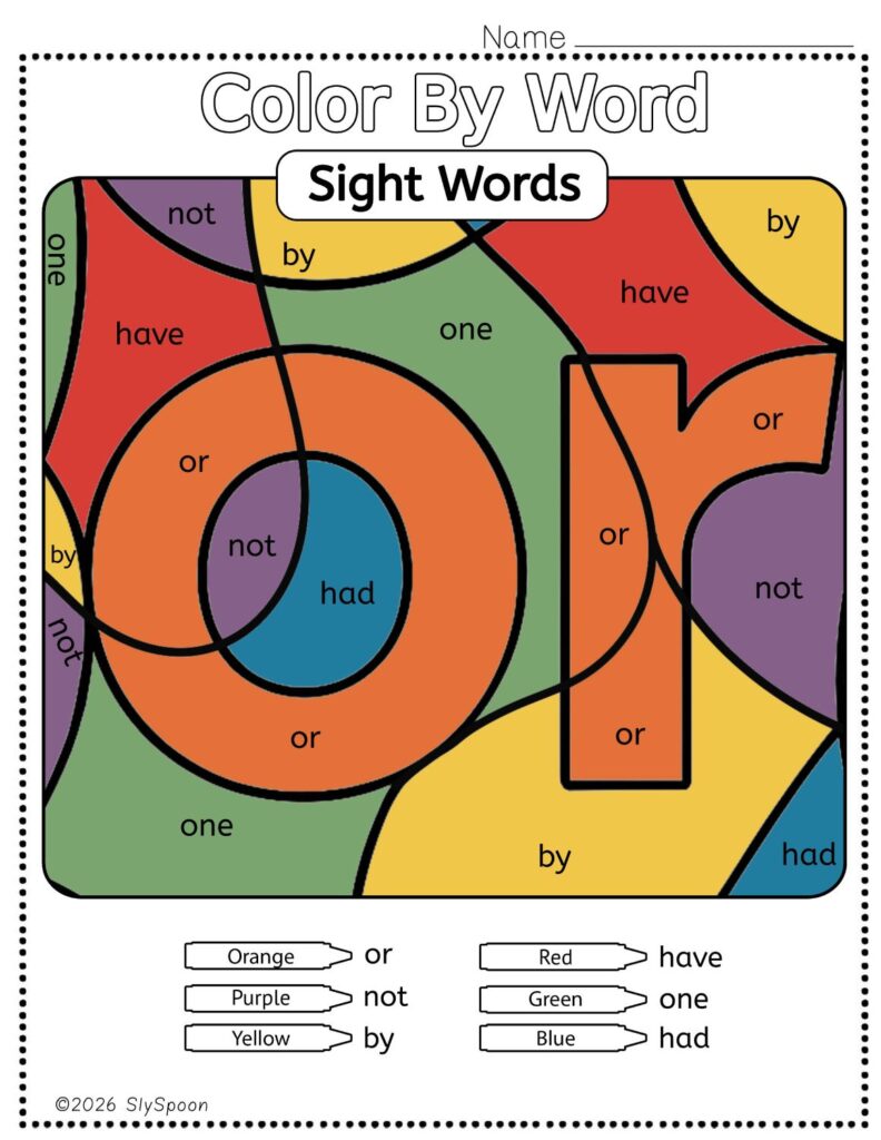 Free Printable Sight word worksheets high frequency Sight Word Practice Dolch and Fry - Sight Word "or" printable page color by number style, but color by word.