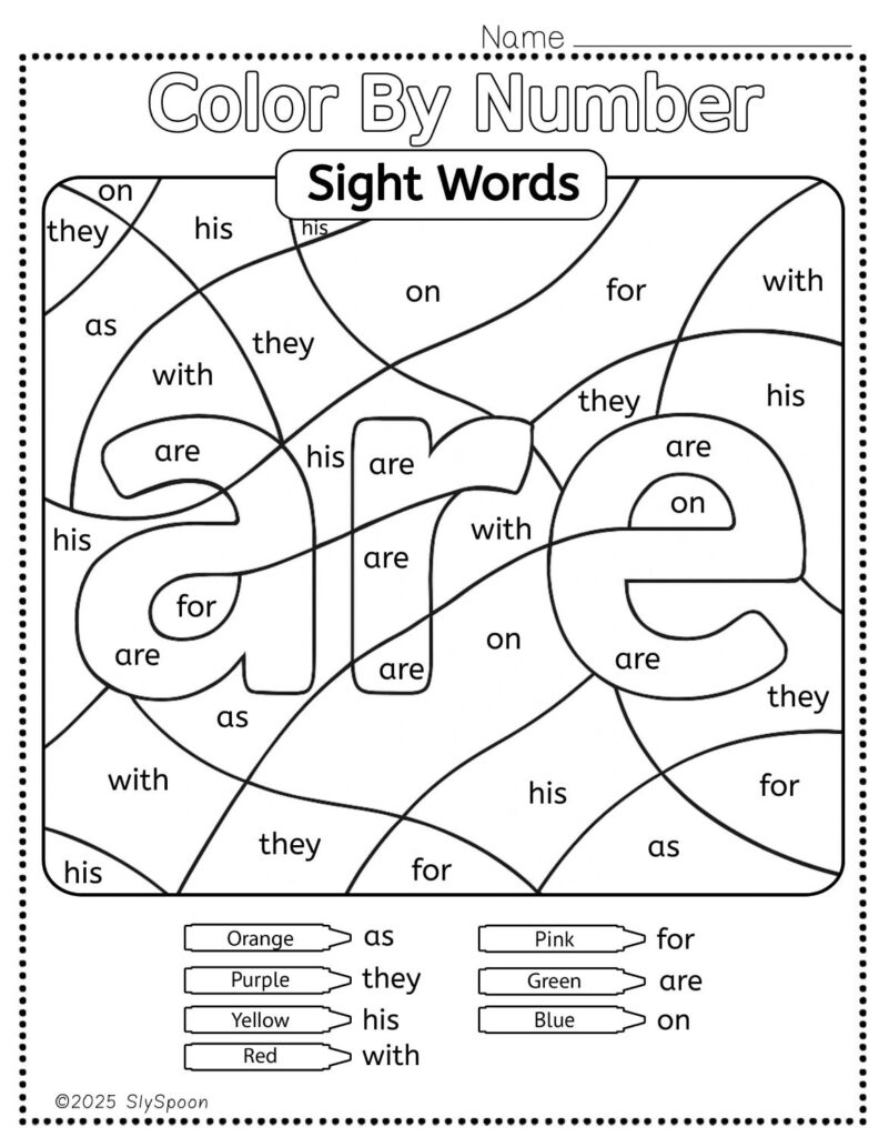 Free Printable Sight word worksheets high frequency Sight Word Practice Dolch and Fry - Sight Word "are" printable page color by number style, but color by word.