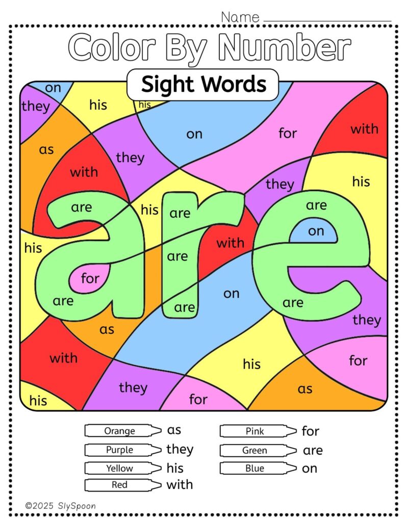 Free Printable Sight word worksheets high frequency Sight Word Practice Dolch and Fry - Sight Word "are" printable page color by number style, but color by word.
