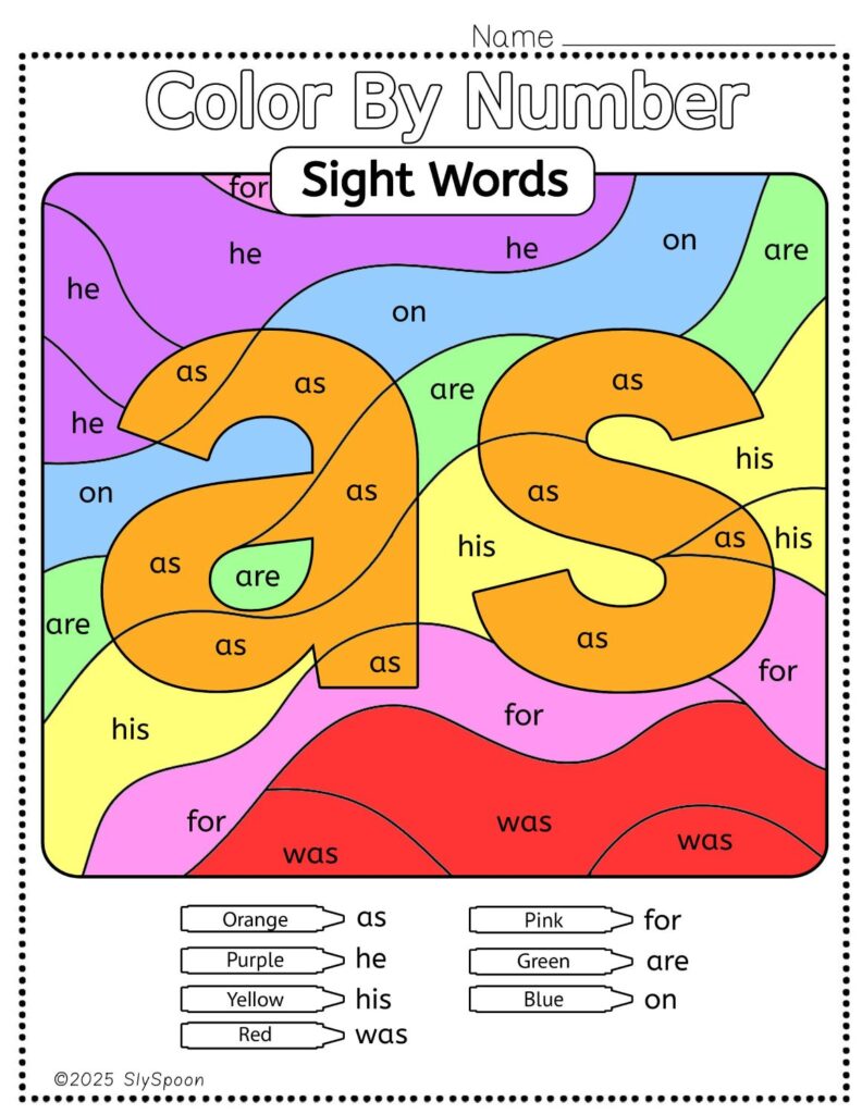 Free Printable Sight word worksheets high frequency Sight Word Practice Dolch and Fry - Sight Word "as" printable page color by number style, but color by word.
