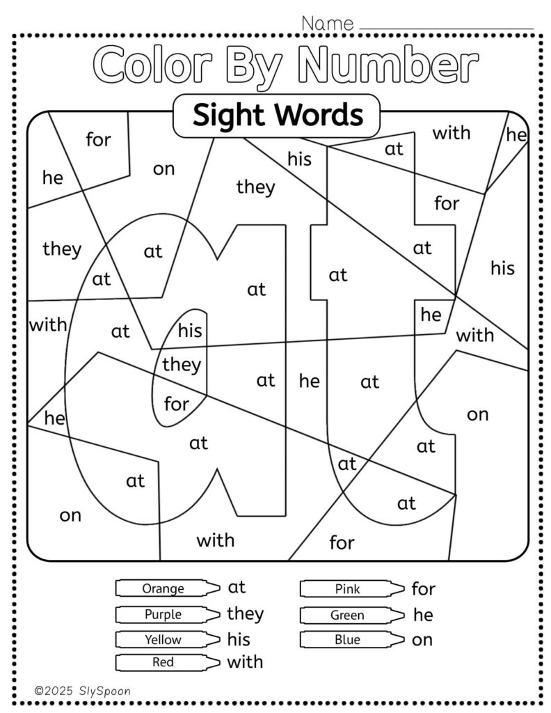 Free Printable Sight word worksheets high frequency Sight Word Practice Dolch and Fry - Sight Word "at" printable page color by number style, but color by word.