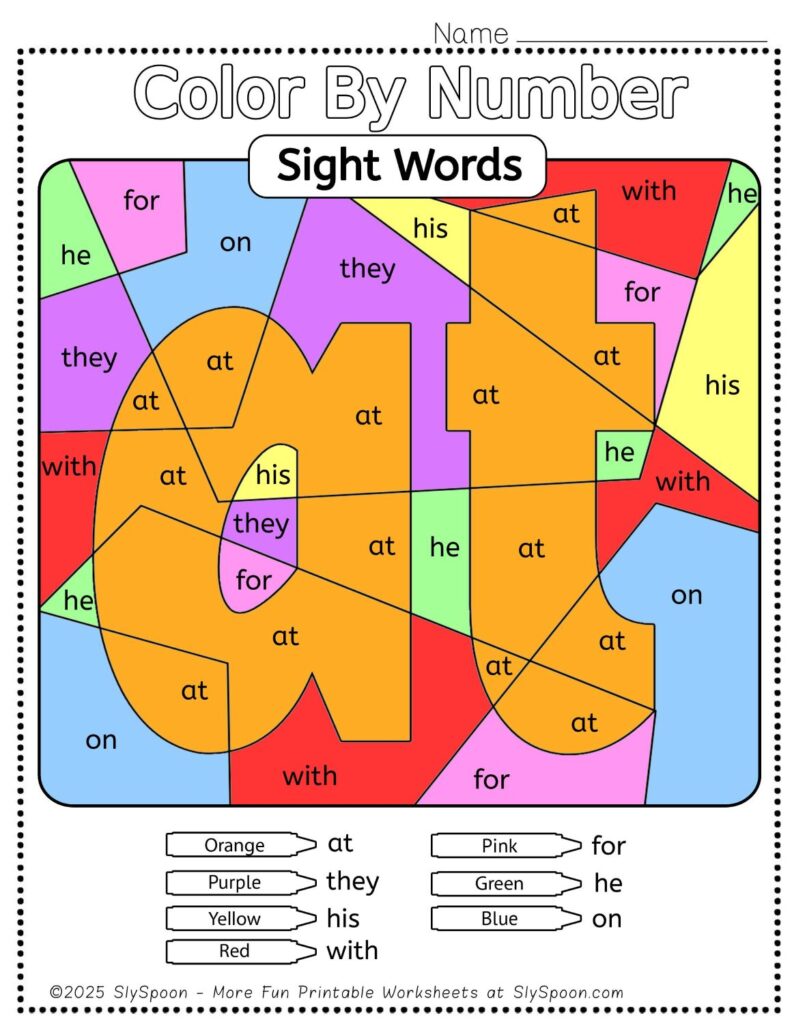 Free Printable Sight word worksheets high frequency Sight Word Practice Dolch and Fry - Sight Word "at" printable page color by number style, but color by word.