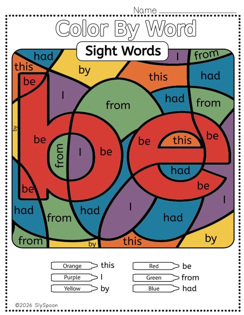 Free Printable Sight word worksheets high frequency Sight Word Practice Dolch and Fry - Sight Word "be" printable page color by number style, but color by word.