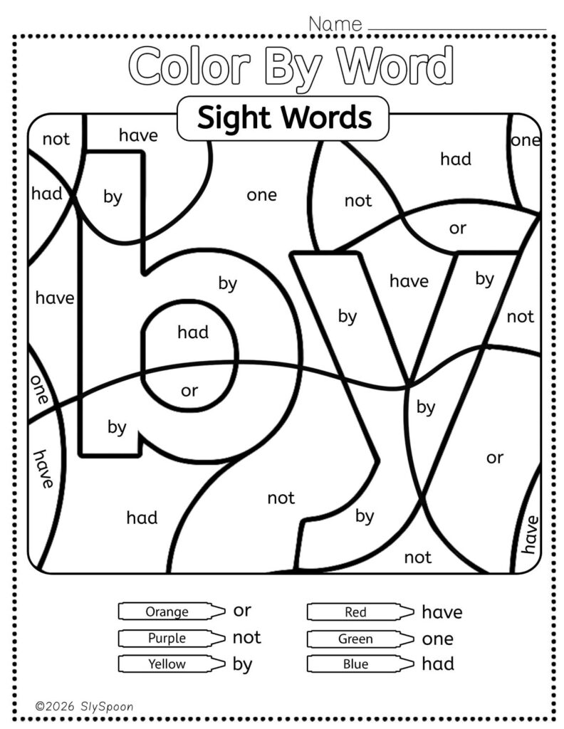 Free Printable Sight word worksheets high frequency Sight Word Practice Dolch and Fry - Sight Word "by" printable page color by number style, but color by word.