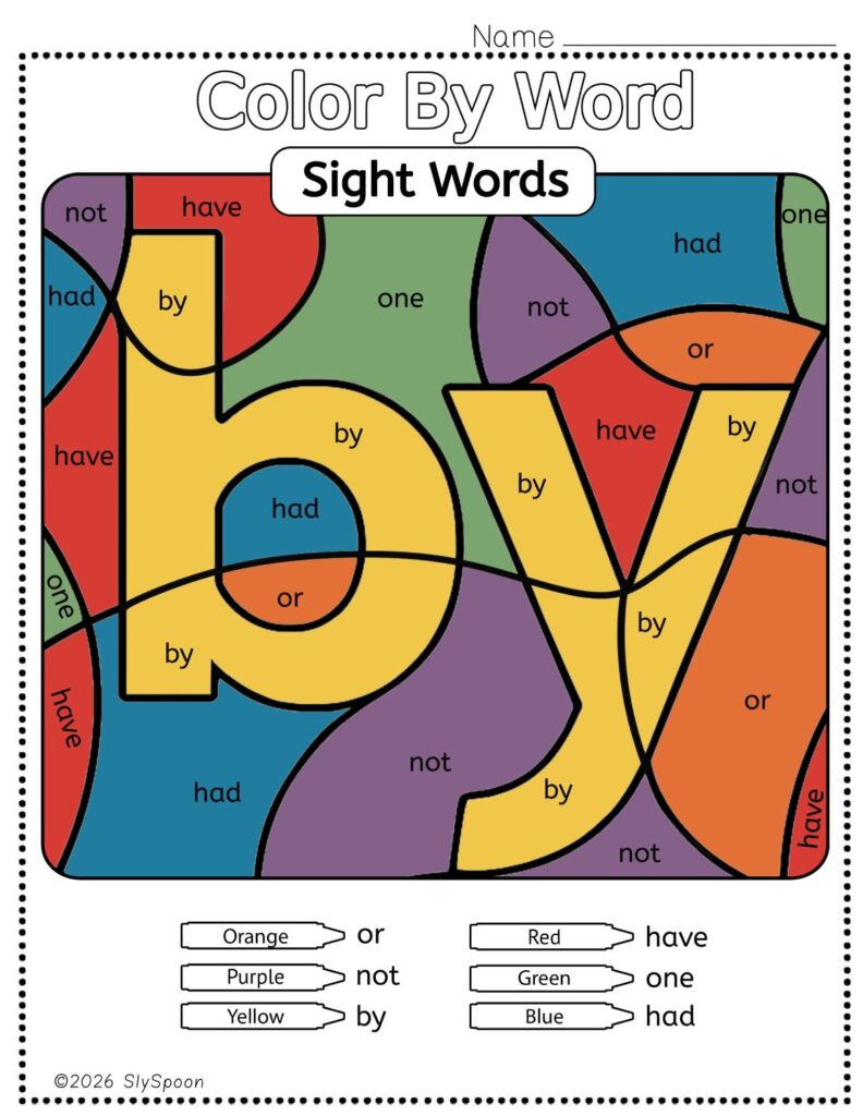 Free Printable Sight word worksheets high frequency Sight Word Practice Dolch and Fry - Sight Word "by" printable page color by number style, but color by word.