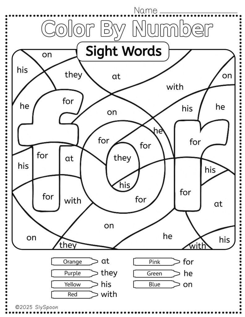 Free Printable Sight word worksheets high frequency Sight Word Practice Dolch and Fry - Sight Word "for" printable page color by number style, but color by word.