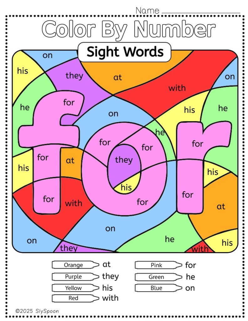 Free Printable Sight word worksheets high frequency Sight Word Practice Dolch and Fry - Sight Word "for" printable page color by number style, but color by word.