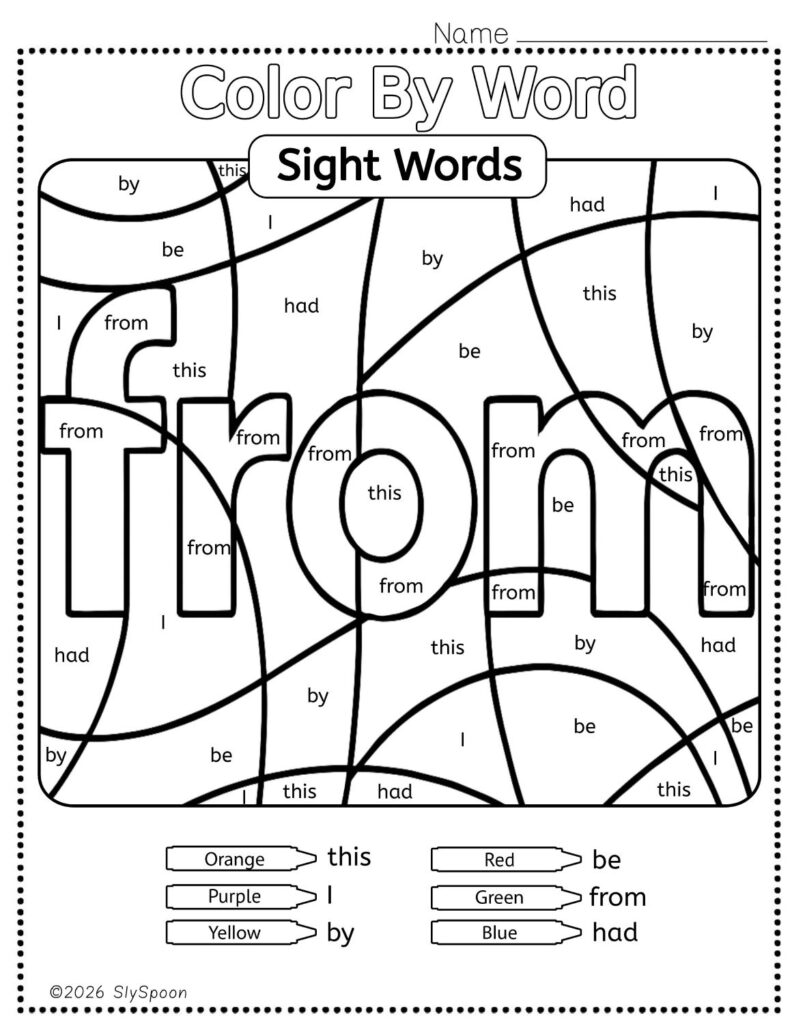 Free Printable Sight word worksheets high frequency Sight Word Practice Dolch and Fry - Sight Word "from" printable page color by number style, but color by word.