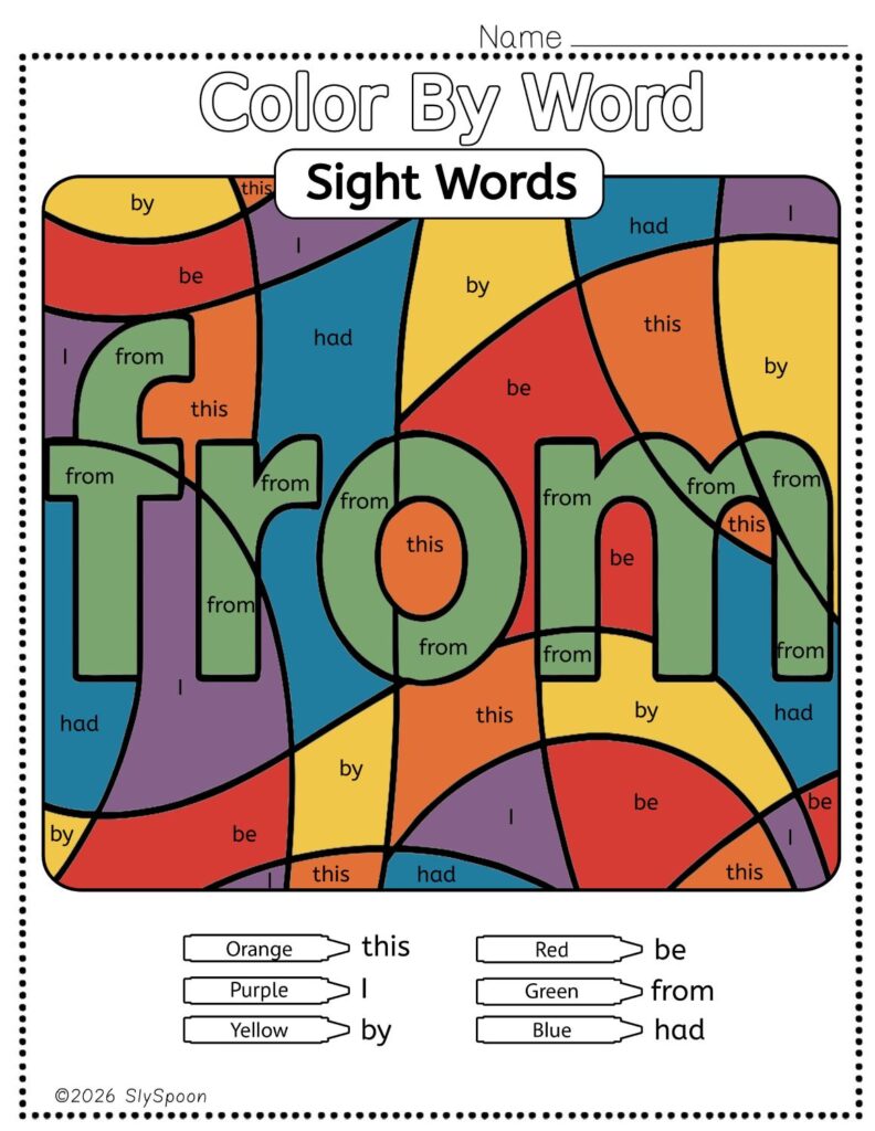 Free Printable Sight word worksheets high frequency Sight Word Practice Dolch and Fry - Sight Word "from" printable page color by number style, but color by word.