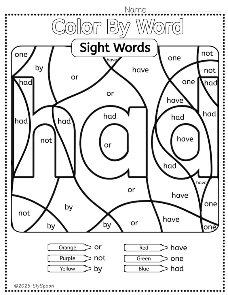 Free Printable Sight word worksheets high frequency Sight Word Practice Dolch and Fry - Sight Word "had" printable page color by number style, but color by word.