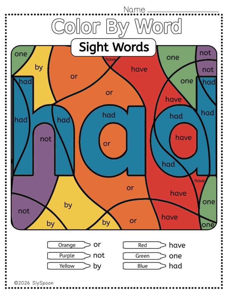 Free Printable Sight word worksheets high frequency Sight Word Practice Dolch and Fry - Sight Word "had" printable page color by number style, but color by word.