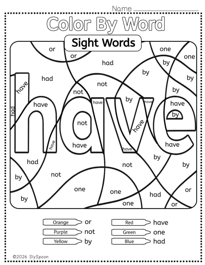 Free Printable Sight word worksheets high frequency Sight Word Practice Dolch and Fry - Sight Word "have" printable page color by number style, but color by word.