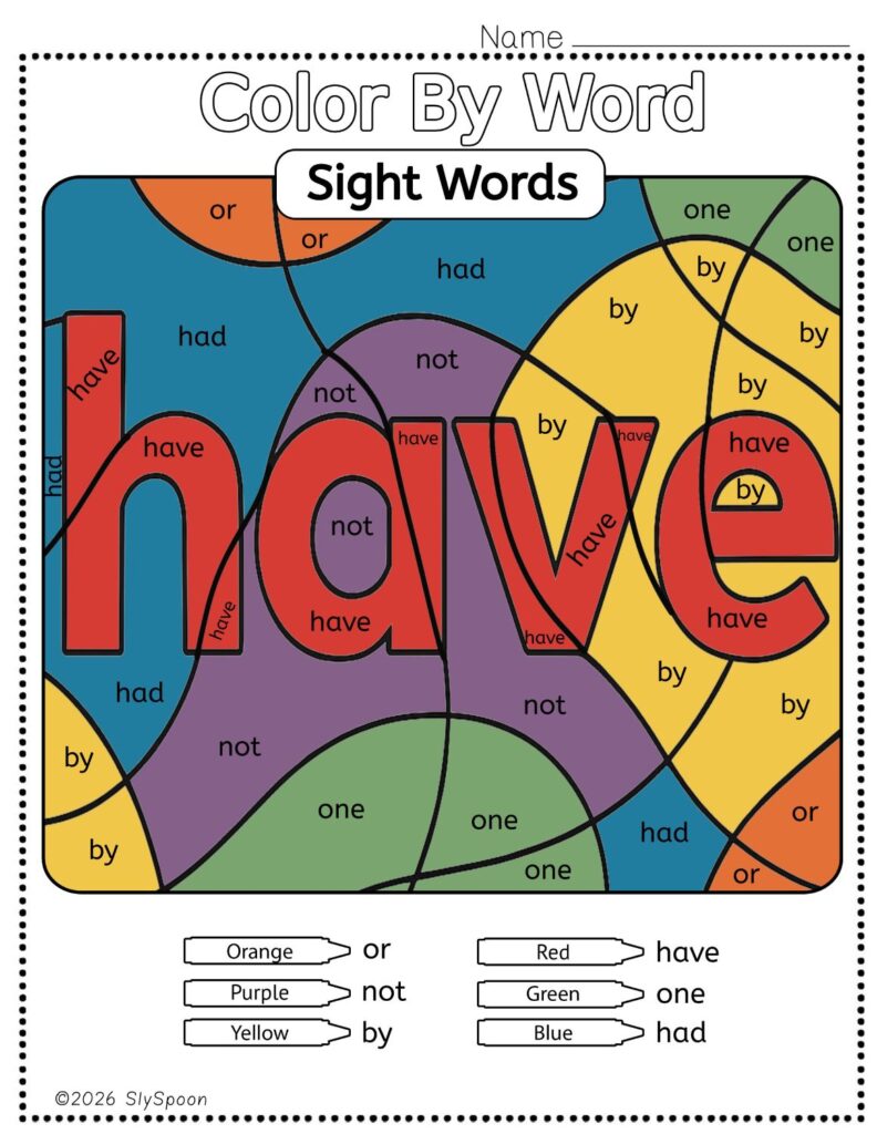 Free Printable Sight word worksheets high frequency Sight Word Practice Dolch and Fry - Sight Word "have" printable page color by number style, but color by word.