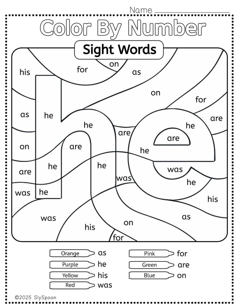 Free Printable Sight word worksheets high frequency Sight Word Practice Dolch and Fry - Sight Word "he" printable page color by number style, but color by word.