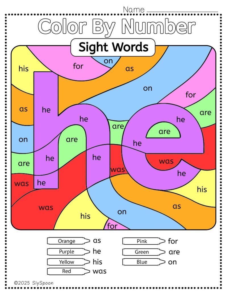 Free Printable Sight word worksheets high frequency Sight Word Practice Dolch and Fry - Sight Word "he" printable page color by number style, but color by word.