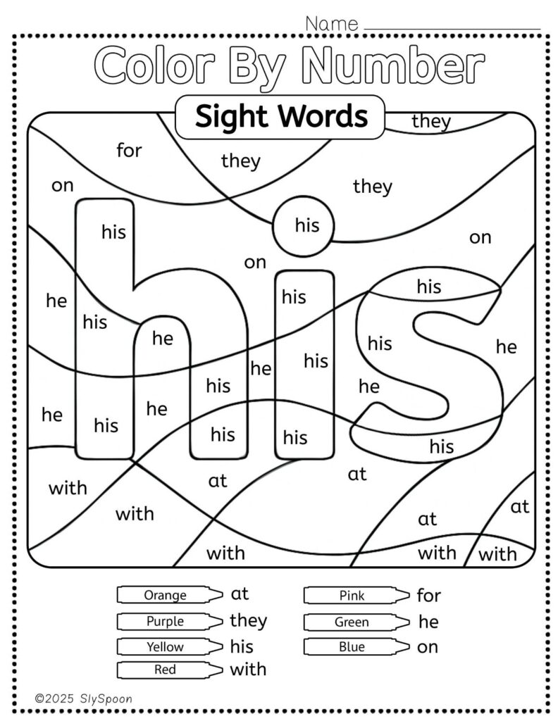 Free Printable Sight word worksheets high frequency Sight Word Practice Dolch and Fry - Sight Word "his" printable page color by number style, but color by word.