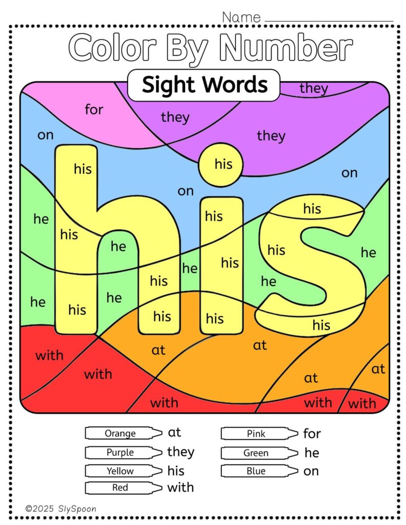 Free Printable Sight word worksheets high frequency Sight Word Practice Dolch and Fry - Sight Word "his" printable page color by number style, but color by word.
