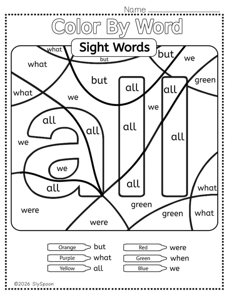 Free Printable Sight word worksheets high frequency Sight Word Practice Dolch and Fry - Sight Word "all" printable page color by number style, but color by word.