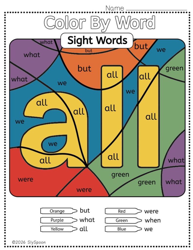 Free Printable Sight word worksheets high frequency Sight Word Practice Dolch and Fry - Sight Word "all" printable page color by number style, but color by word.