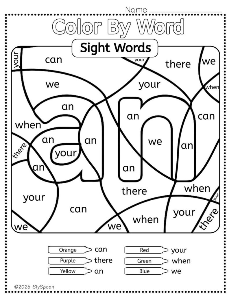 Free Printable Sight word worksheets high frequency Sight Word Practice Dolch and Fry - Sight Word "an" printable page color by number style, but color by word.