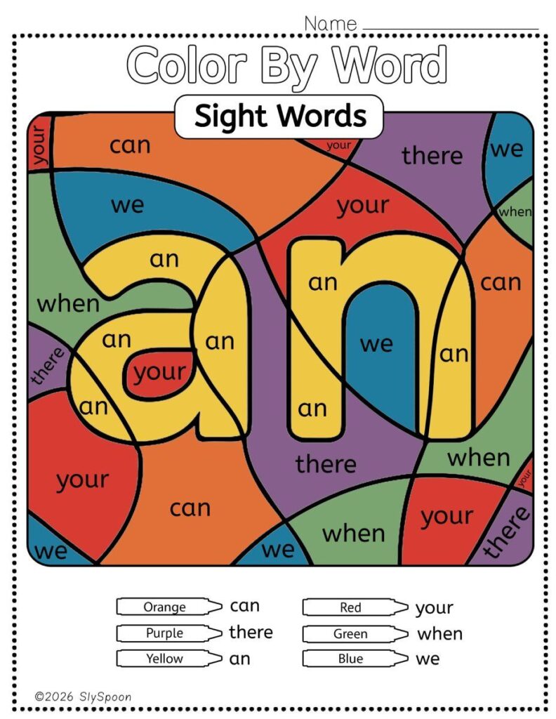 Free Printable Sight word worksheets high frequency Sight Word Practice Dolch and Fry - Sight Word "an" printable page color by number style, but color by word.