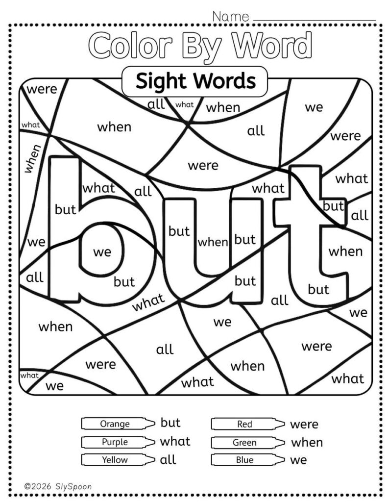 Free Printable Sight word worksheets high frequency Sight Word Practice Dolch and Fry - Sight Word "but" printable page color by number style, but color by word.