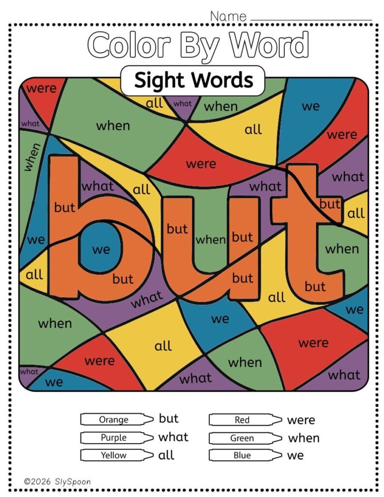 Free Printable Sight word worksheets high frequency Sight Word Practice Dolch and Fry - Sight Word "but" printable page color by number style, but color by word.
