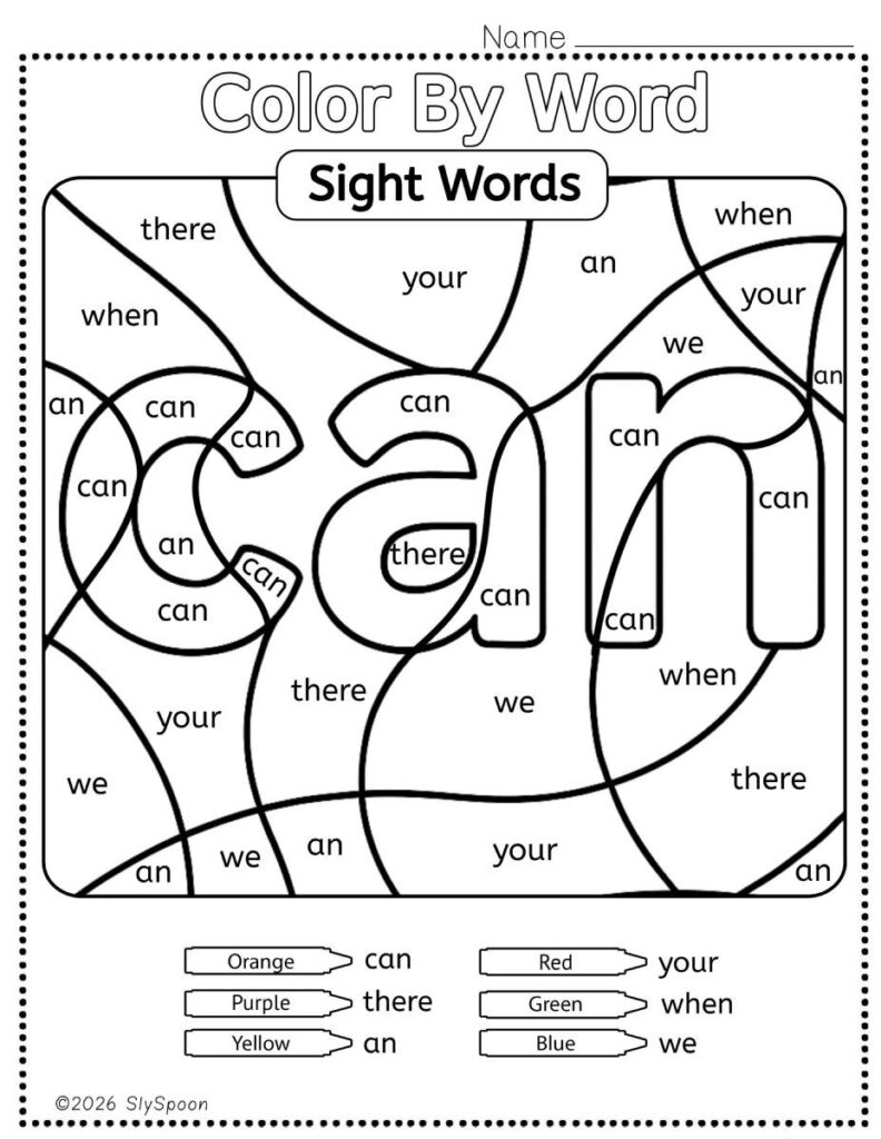 Free Printable Sight word worksheets high frequency Sight Word Practice Dolch and Fry - Sight Word "can" printable page color by number style, but color by word.