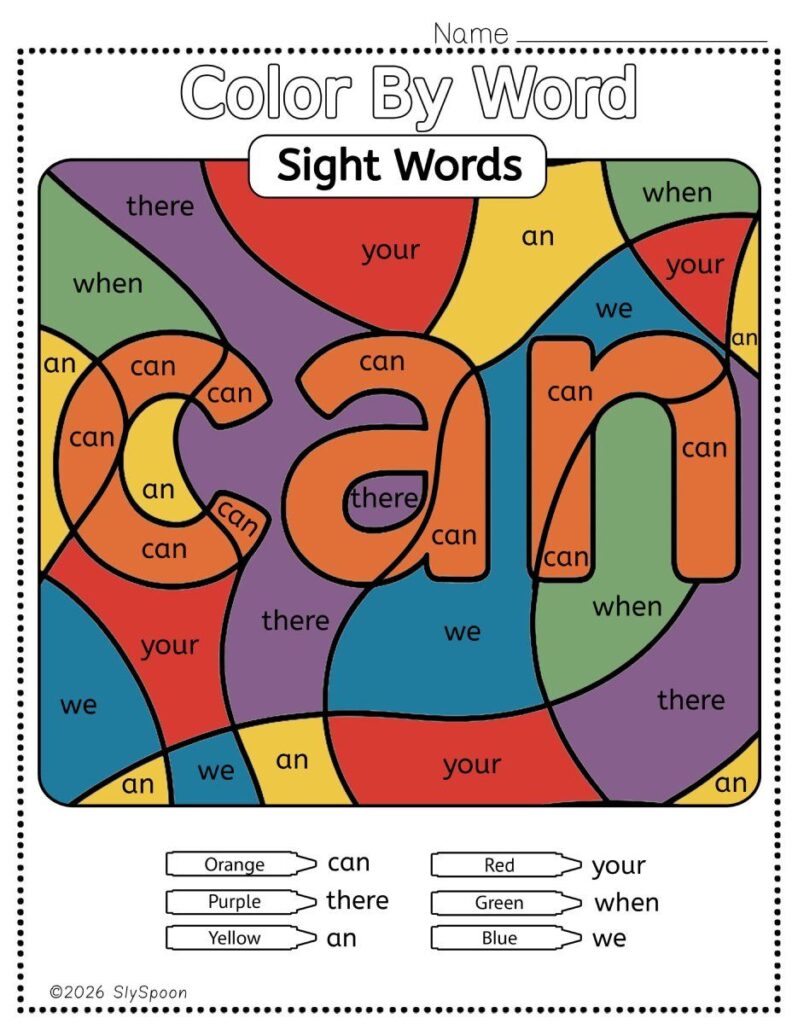 Free Printable Sight word worksheets high frequency Sight Word Practice Dolch and Fry - Sight Word "can" printable page color by number style, but color by word.