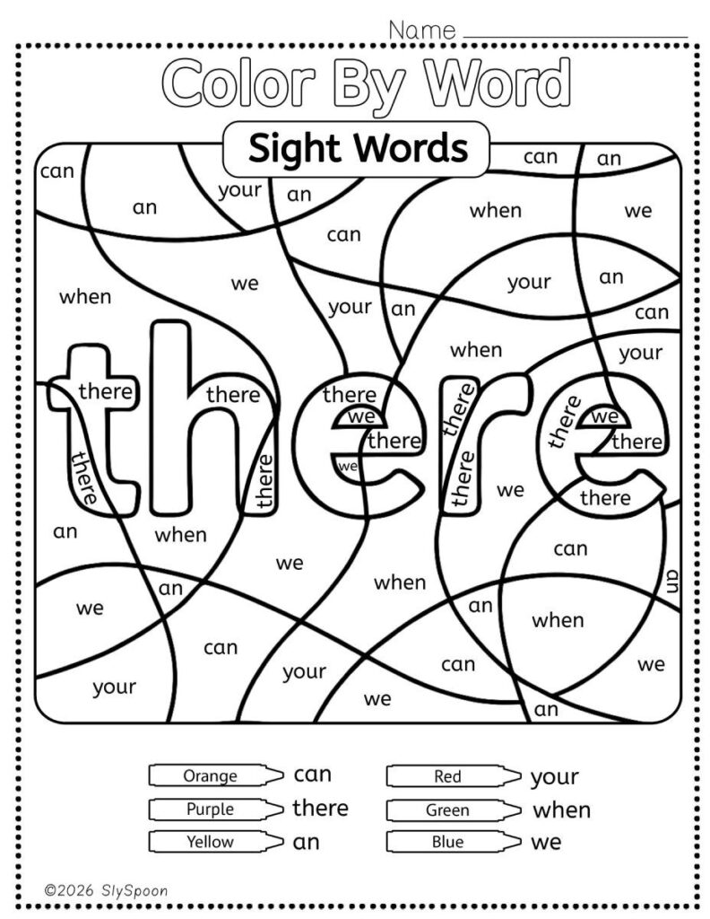 Free Printable Sight word worksheets high frequency Sight Word Practice Dolch and Fry - Sight Word "there" printable page color by number style, but color by word.