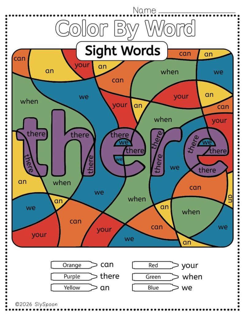 Free Printable Sight word worksheets high frequency Sight Word Practice Dolch and Fry - Sight Word "there" printable page color by number style, but color by word.