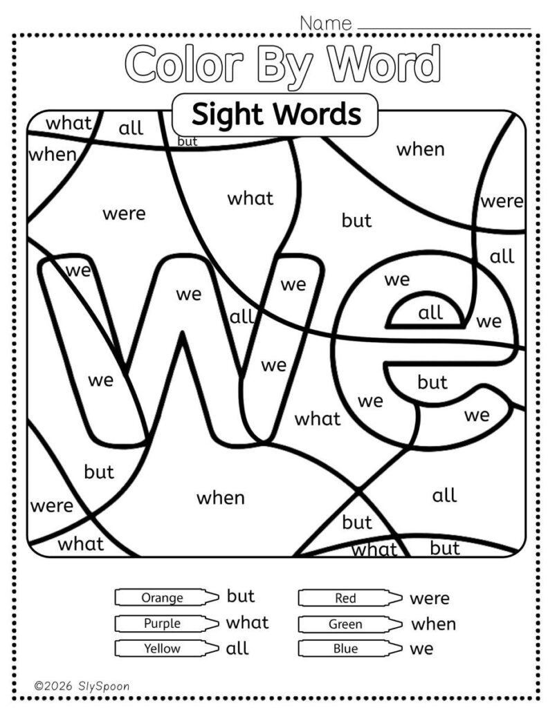 Free Printable Sight word worksheets high frequency Sight Word Practice Dolch and Fry - Sight Word "we" printable page color by number style, but color by word.