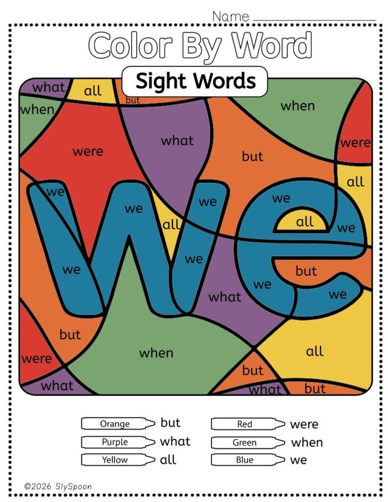 Free Printable Sight word worksheets high frequency Sight Word Practice Dolch and Fry - Sight Word "we" printable page color by number style, but color by word.