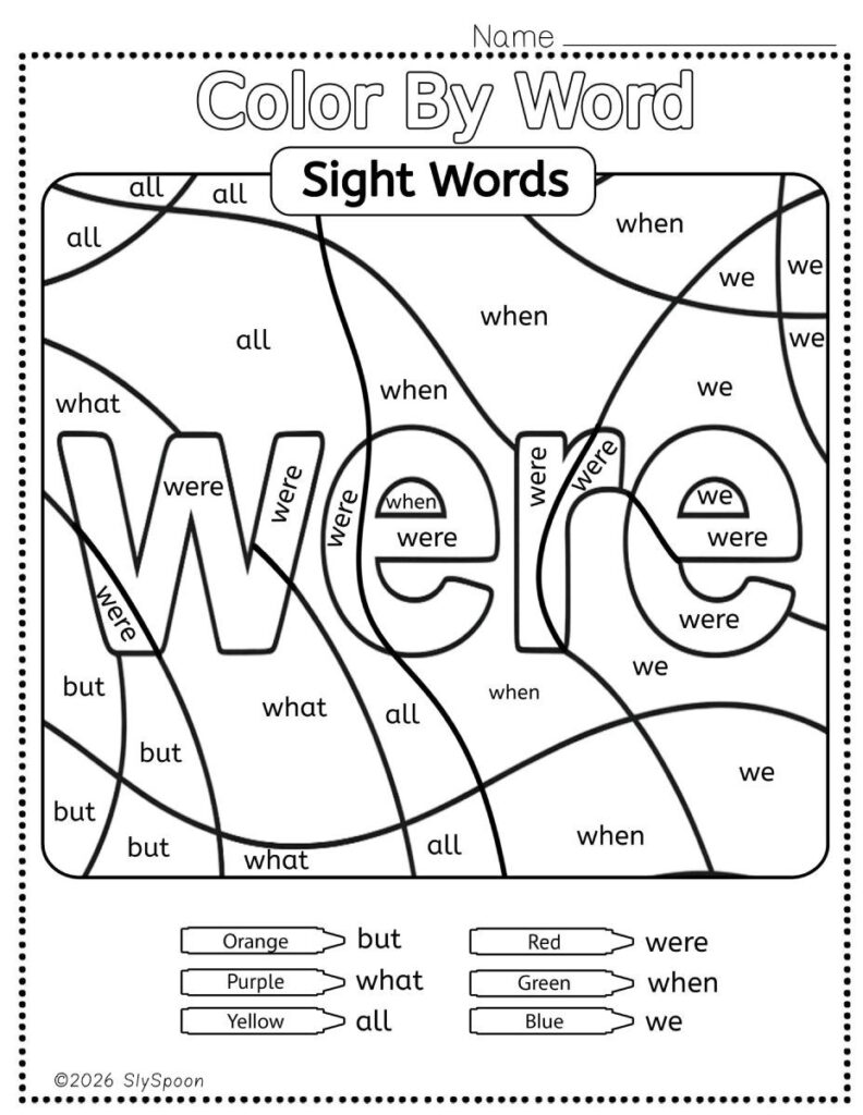 Free Printable Sight word worksheets high frequency Sight Word Practice Dolch and Fry - Sight Word "were" printable page color by number style, but color by word.